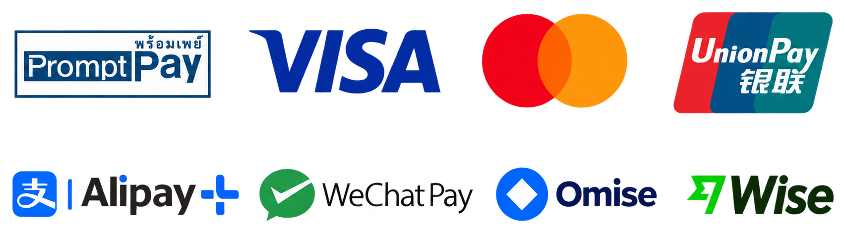 PromptPay, Visa, Mastercard, UnionPay, Alipay+, WeChat Pay, Omise, Wise