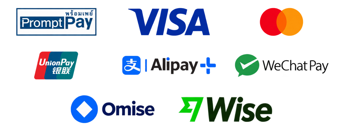PromptPay, Visa, Mastercard, UnionPay, Alipay+, WeChat Pay, Omise, and Wise International Transfer